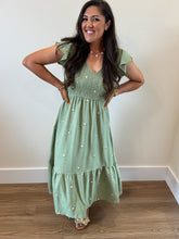 Load image into Gallery viewer, Delaney Daisy Dress in Sage Green with daisy embroidery, smocked bodice, flutter sleeves, fully lined.