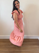 Load image into Gallery viewer, Delaney Daisy Dress in pink with V-neck, white daisy embroidery, smocked bodice and flutter sleeves, fully lined.