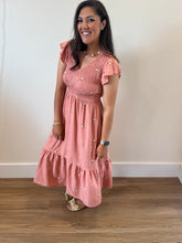 Load image into Gallery viewer, Delaney Daisy Dress: pink smocked bodice, daisy embroidery, flutter sleeves, fully lined, true to size.