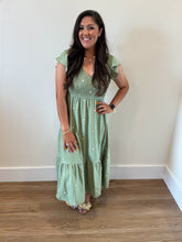 Load image into Gallery viewer, Delaney Daisy Dress in Sage Green with daisy embroidery, smocked bodice, flutter sleeves, fully lined.