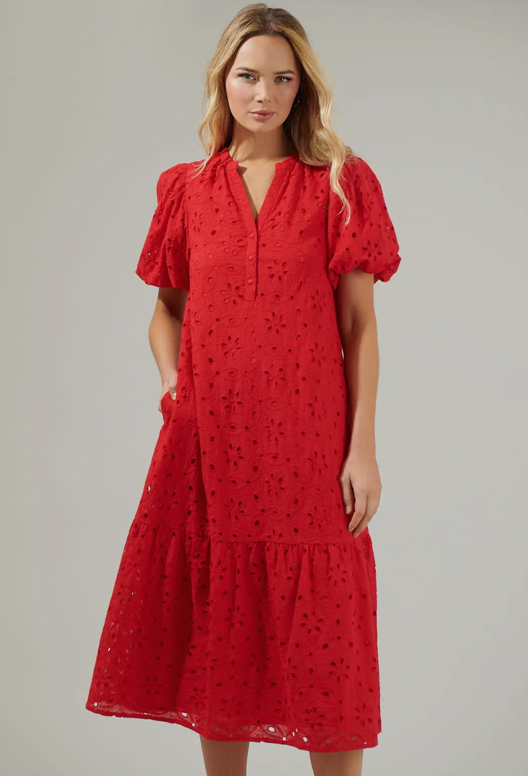 Red Nova Eyelet Midi Dress