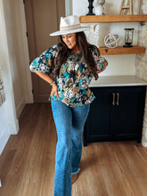 Load image into Gallery viewer, Fall Floral Navy Smocked Blouse
