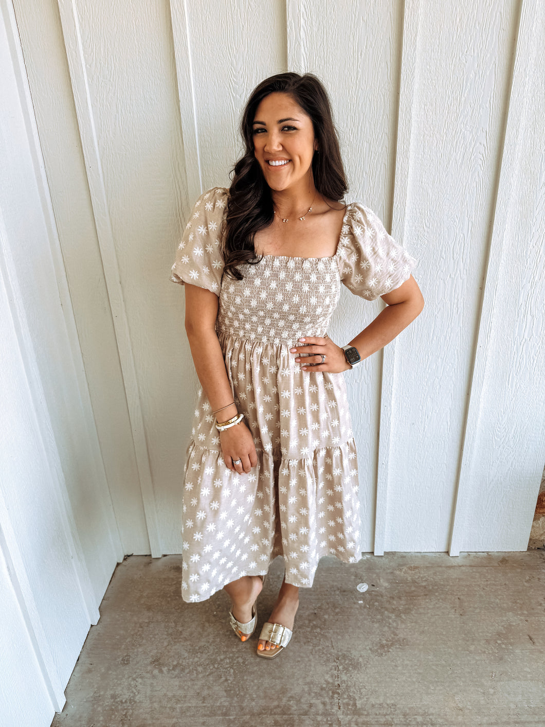 Aesthetic Neutral Flower Midi Dress