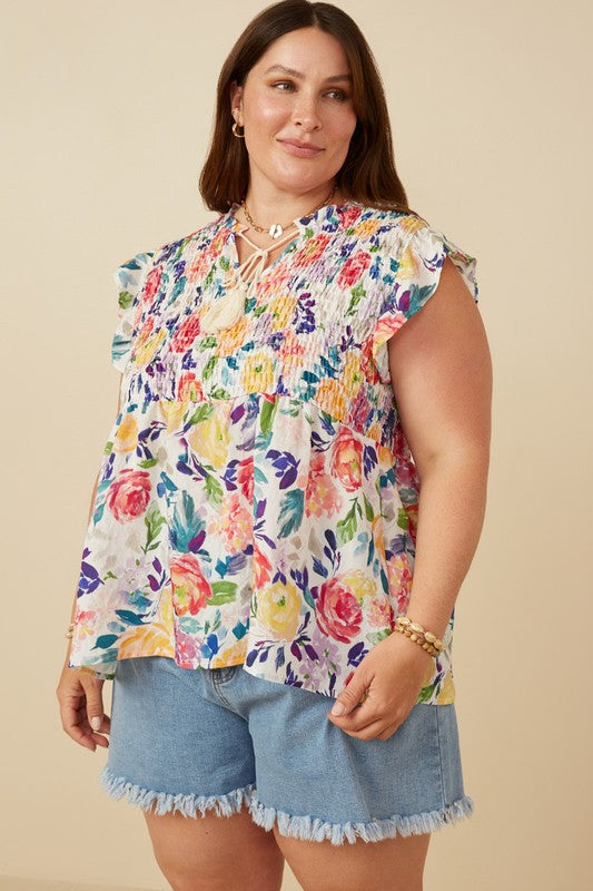 Romantic Floral Smocked  Blouse