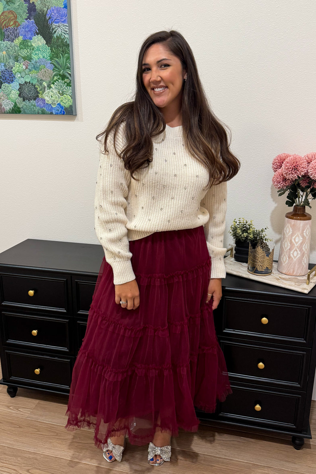 Burgundy Tulle Midi Skirt